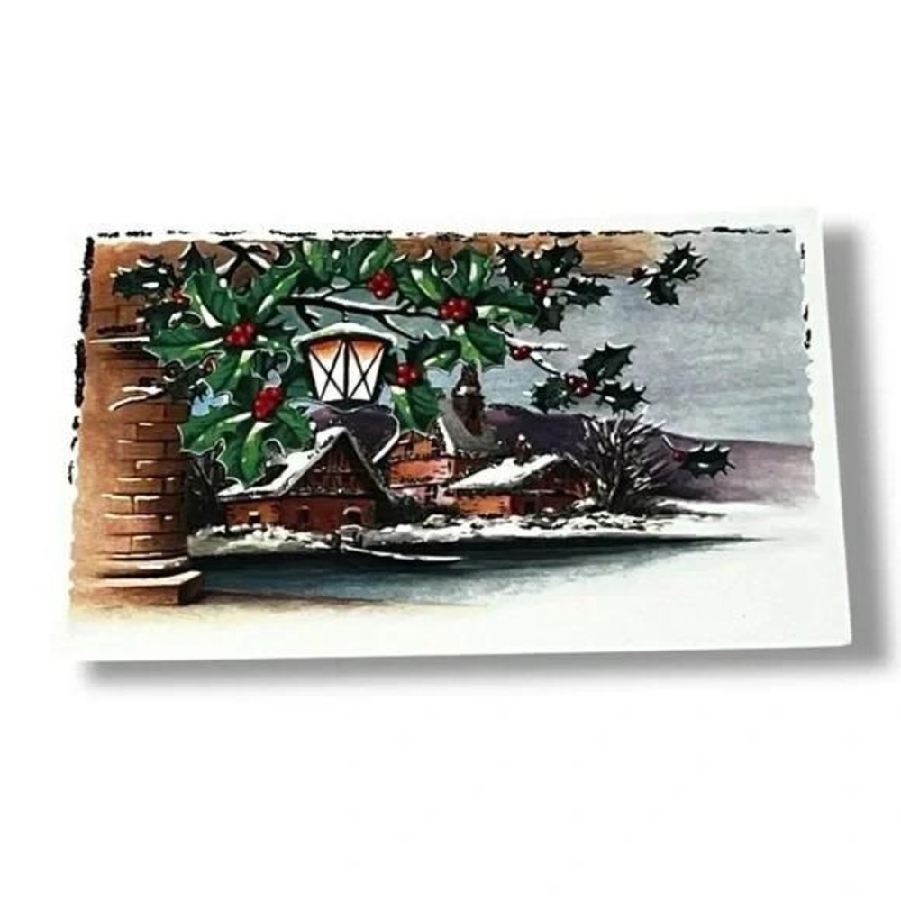 Postcard Christmas Holly Appliqué Glitter on House Divided Back Card C270